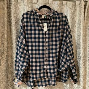 Anthropologie Button Down Lightweight Checkered Floral Detail Top